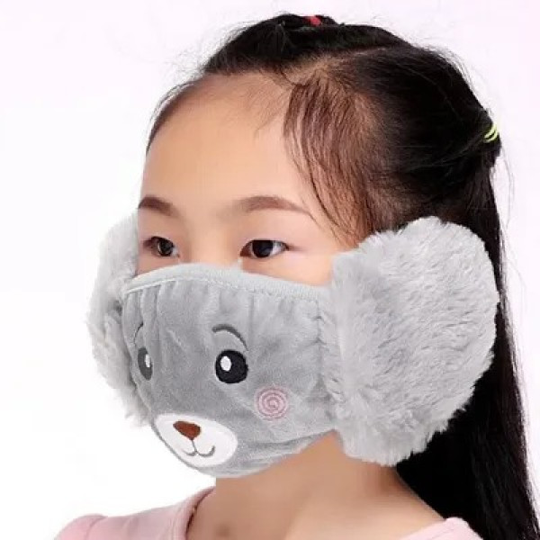 GR-Winter Whimsy: Grey Plush Cartoon Ear Muff Face...