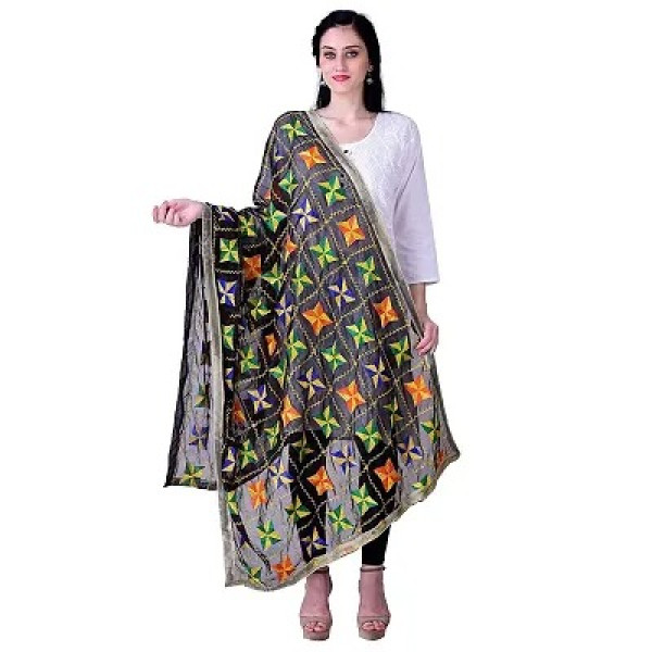 GR-Handcrafted Dupatta Chiffon Phulkari Hand Embro...