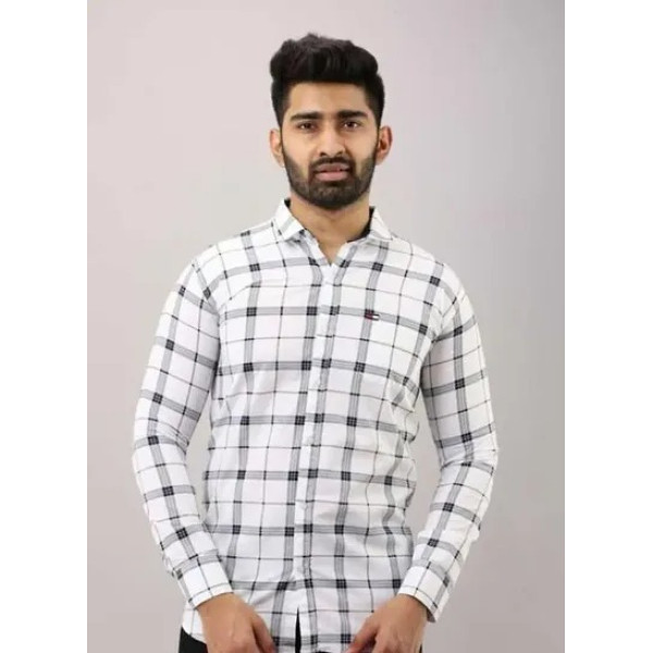 GR-White Cotton Blend Checked Casual Shirts For Men [Low Budget Product]