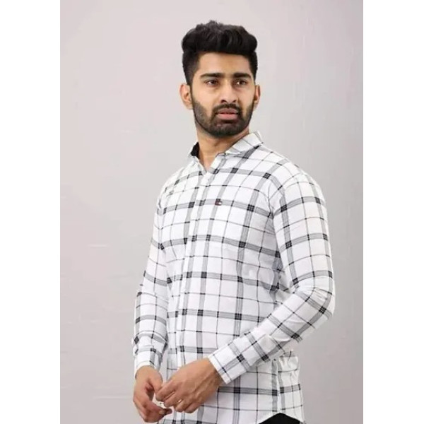 GR-White Cotton Blend Checked Casual Shirts For Men [Low Budget Product]