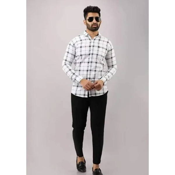 GR-White Cotton Blend Checked Casual Shirts For Men [Low Budget Product]