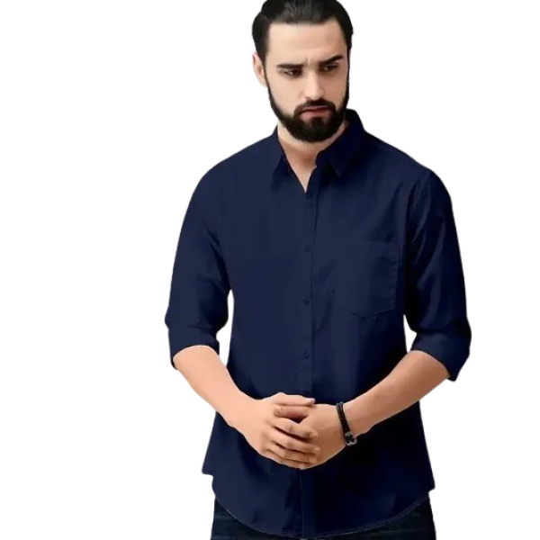 GR-Navy Blue Cotton Solid Casual Shirts For Men [L...