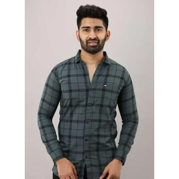 GR-Grey Cotton Blend Checked Casual Shirts For Men [Low Budget Product]