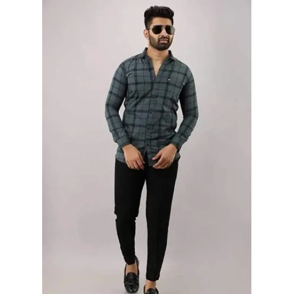 GR-Grey Cotton Blend Checked Casual Shirts For Men [Low Budget Product]