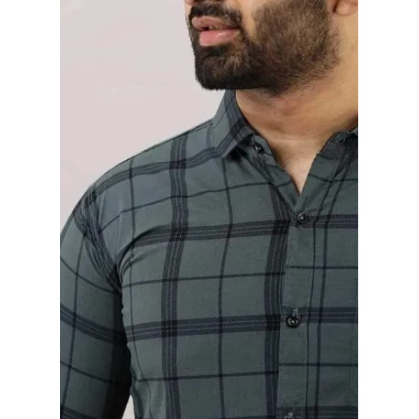 GR-Grey Cotton Blend Checked Casual Shirts For Men [Low Budget Product]