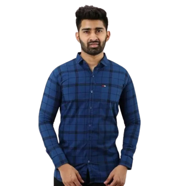 GR-Blue Cotton Blend Checked Casual Shirts For Men...