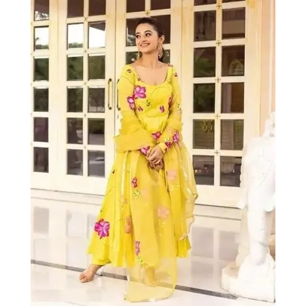 GR-Opulent Heavy Georgette Printed Kurta With Lace Border Dupatta Set [Low Budget Product]