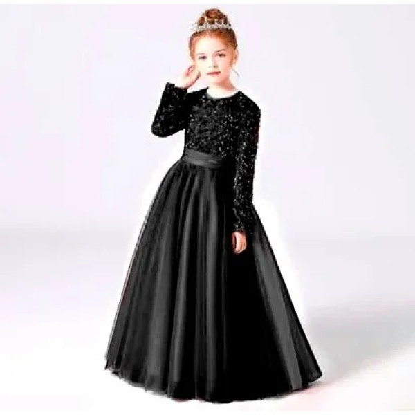 GR-Elegant Black Sequin Net Dress for Girls [Low B...