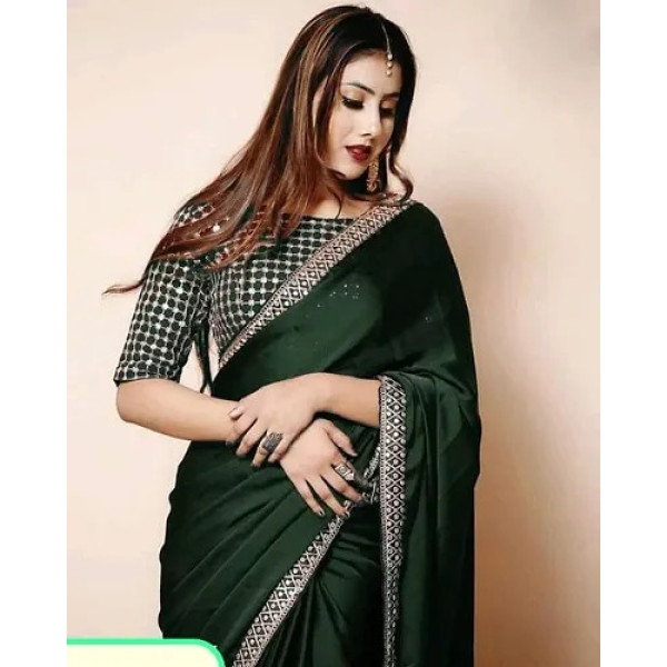 GR-Elegant Art Silk Embroidered Green Saree with B...