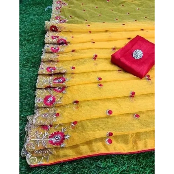 GR-Net Embroidered Cut Piping Border Sarees with Dupion Silk Blouse Piece [Low Budget Product]