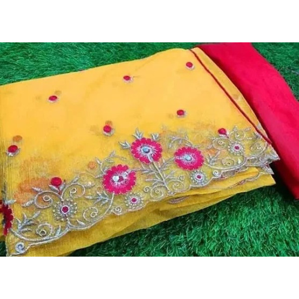 GR-Net Embroidered Cut Piping Border Sarees with Dupion Silk Blouse Piece [Low Budget Product]