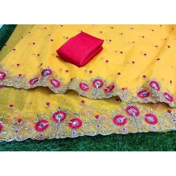 GR-Net Embroidered Cut Piping Border Sarees with Dupion Silk Blouse Piece [Low Budget Product]