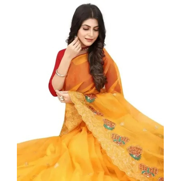 GR-Net Embroidered Cut Piping Border Sarees with Dupion Silk Blouse Piece [Low Budget Product]