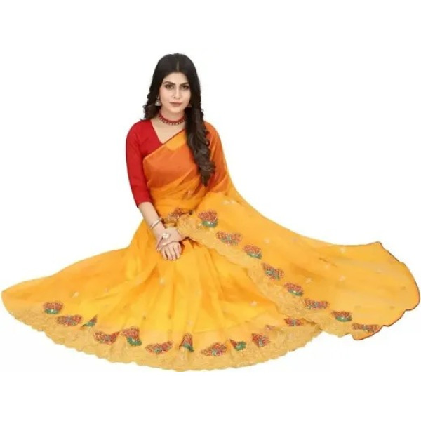 GR-Net Embroidered Cut Piping Border Sarees with Dupion Silk Blouse Piece [Low Budget Product]