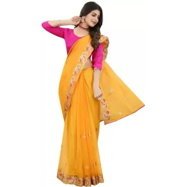 GR-Net Embroidered Cut Piping Border Sarees with Dupion Silk Blouse Piece [Low Budget Product]