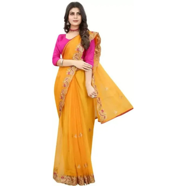 GR-Net Embroidered Cut Piping Border Sarees with Dupion Silk Blouse Piece [Low Budget Product]