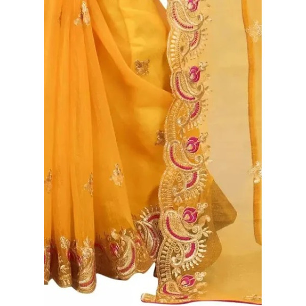 GR-Net Embroidered Cut Piping Border Sarees with Dupion Silk Blouse Piece [Low Budget Product]