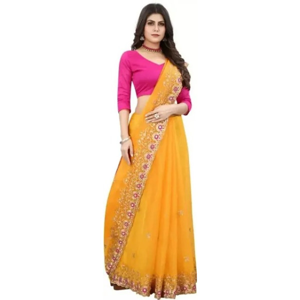 GR-Net Embroidered Cut Piping Border Sarees with Dupion Silk Blouse Piece [Low Budget Product]