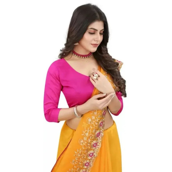 GR-Net Embroidered Cut Piping Border Sarees with Dupion Silk Blouse Piece [Low Budget Product]