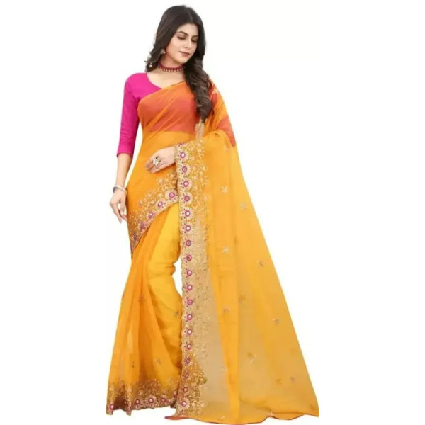 GR-Net Embroidered Cut Piping Border Sarees with Dupion Silk Blouse Piece [Low Budget Product]