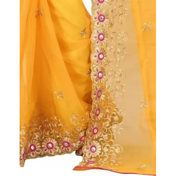 GR-Net Embroidered Cut Piping Border Sarees with Dupion Silk Blouse Piece [Low Budget Product]