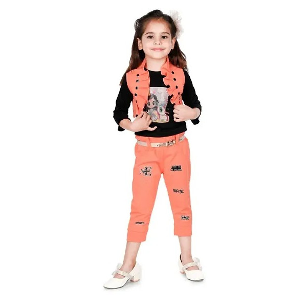 GR-GIRLS Latest Self Design Full Sleeve Top Waist Coat & Stylish Pant,Orange