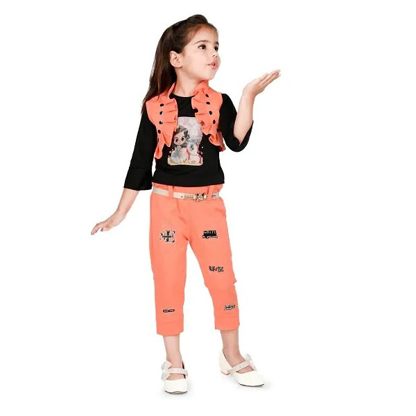 GR-GIRLS Latest Self Design Full Sleeve Top Waist Coat & Stylish Pant,Orange