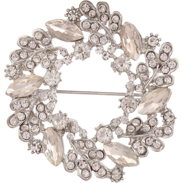 GR-Silver Plated Crystal Stone Round Floral Brooch...