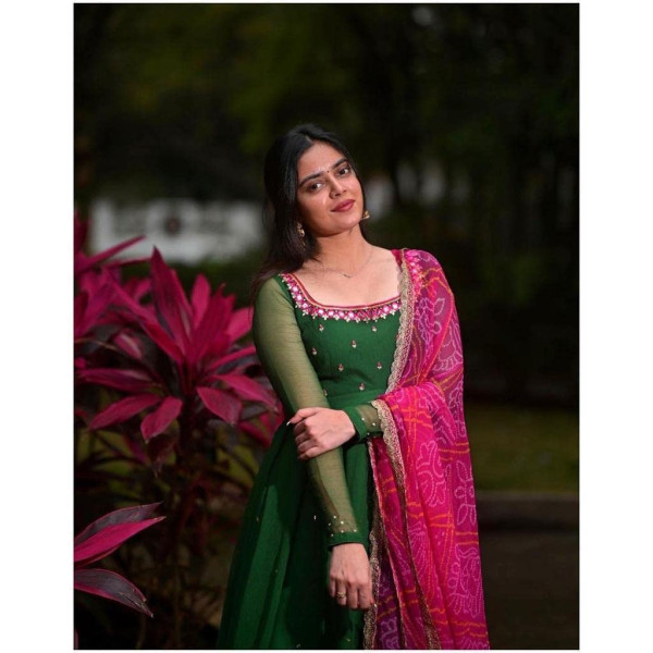 GR-Elegant Green Mirror Gown with Printed Dupatta [Premium Product]