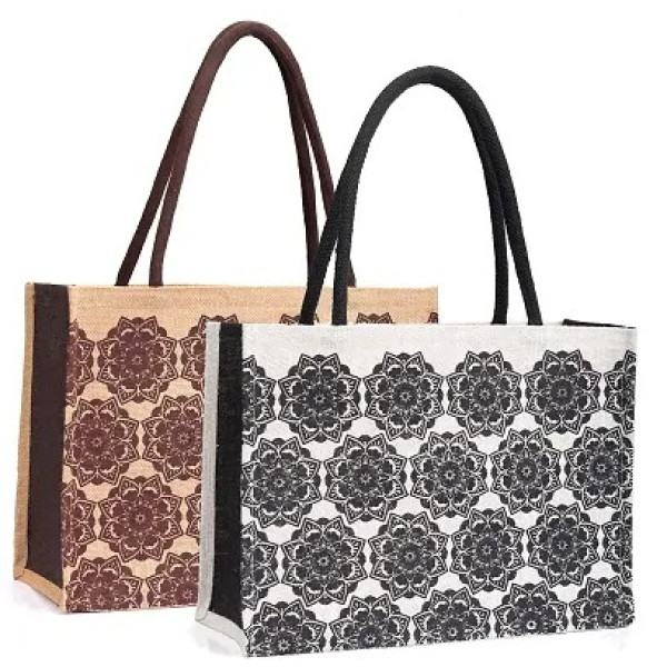 GR-Reusable Mandala Print Jute Shopping Bag: Eco-F...