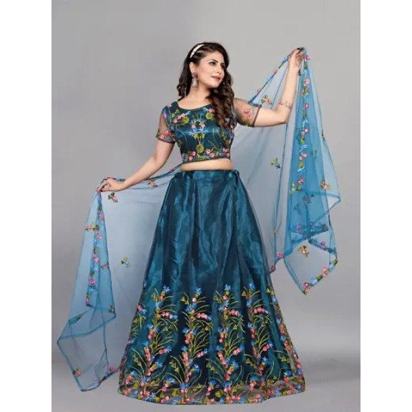 GR-Womens Net Embroidered Semi-Stitched Lehenga Choli [Premium Product]