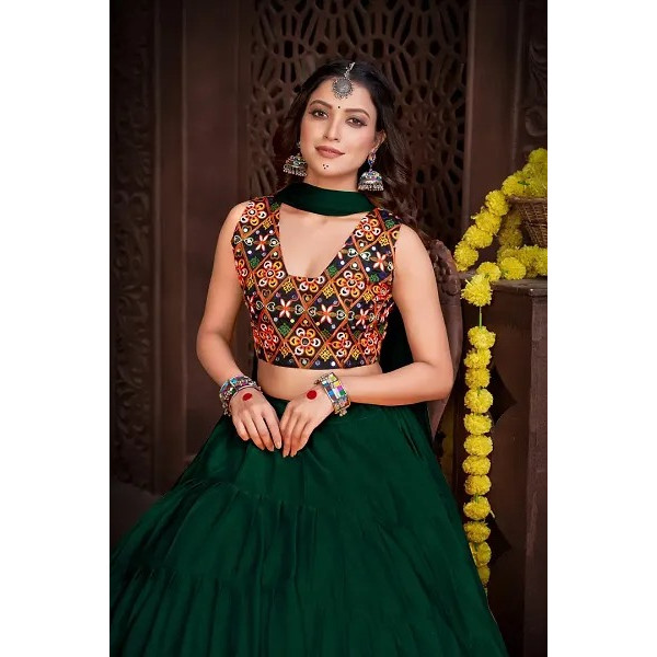 GR-Stylish Green French Crape Lehenga Choli Set Fo...