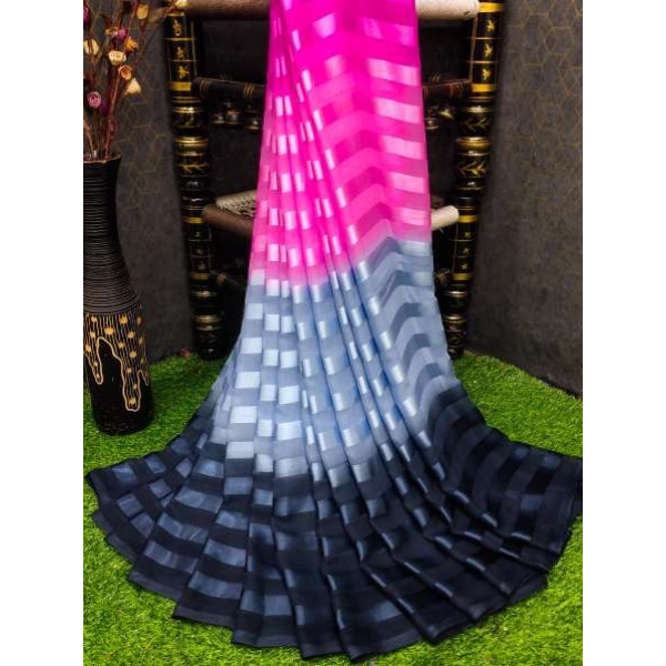 GR-Ombre Striped Bollywood Satin Saree (Pink, Grey) [Low Budget Product]