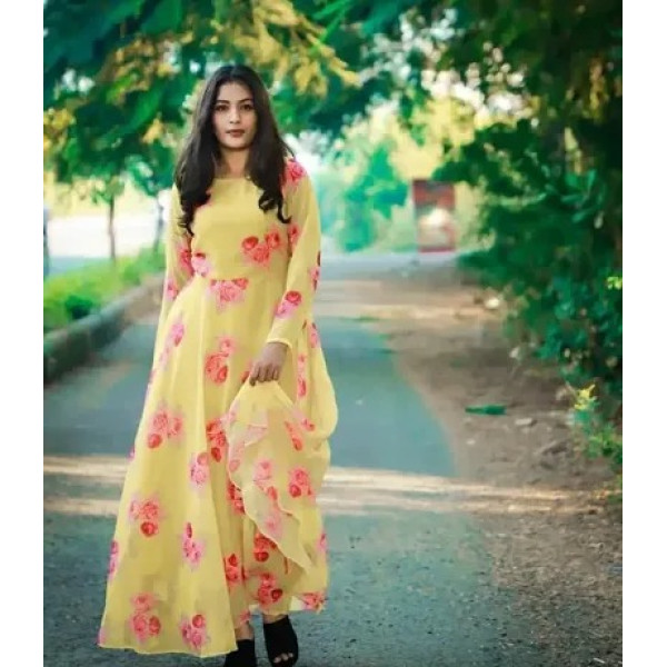 GR-Yellow Georgette Digital Printed Ethnic Gowns For Women [Premium Product]