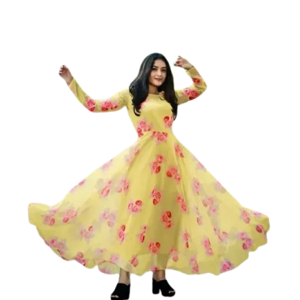 GR-Yellow Georgette Digital Printed Ethnic Gowns F...