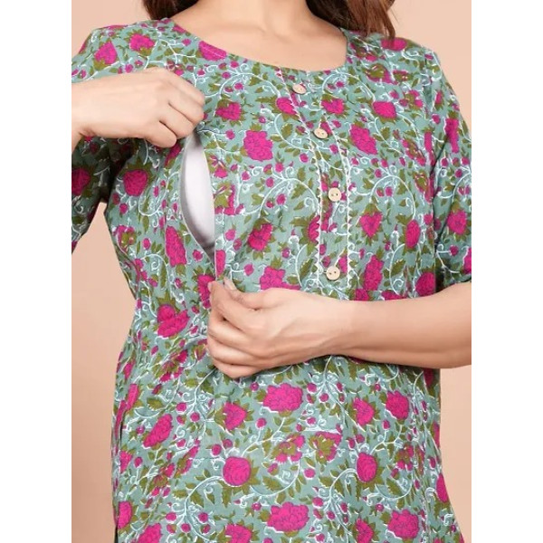 GR-Whispering Petals: Cotton Printed Maternity and Feeding Kurti [Premium Product]