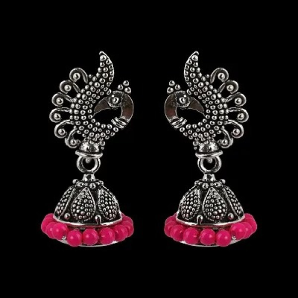 GR-Attractive Pink Beads in Peacock Shape Jhumki Earrings [Low Budget Product] | Free Shipping 