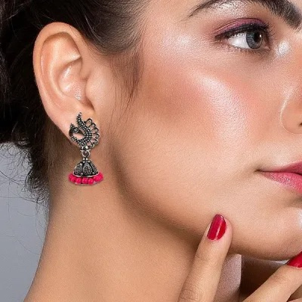 GR-Attractive Pink Beads in Peacock Shape Jhumki Earrings [Low Budget Product] | Free Shipping 