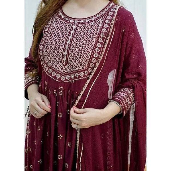 GR-Naira Cut Embroidery Kurti With Naznin Dupatta And Pant Set [Premium Product] | Free Shipping 