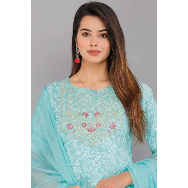 GR-Women Rayon Printed embroidered Jaipuri Kurti Palazzo Dupatta Set [Premium Product] | Free Shipping 