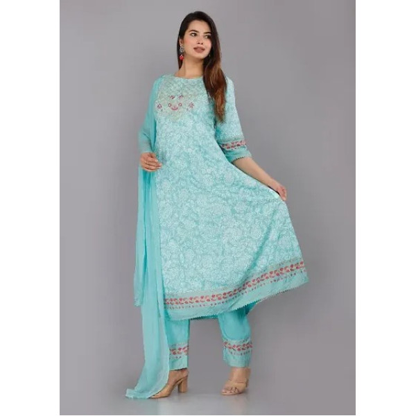 GR-Women Rayon Printed embroidered Jaipuri Kurti Palazzo Dupatta Set [Premium Product] | Free Shipping 