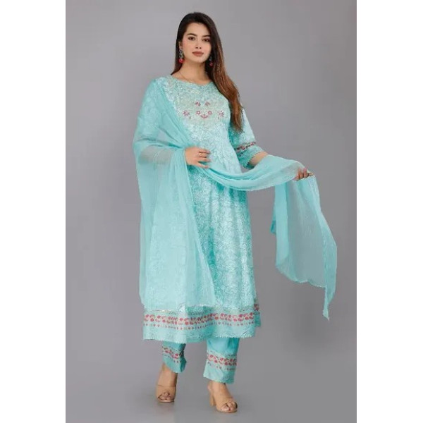 GR-Women Rayon Printed embroidered Jaipuri Kurti Palazzo Dupatta Set [Premium Product] | Free Shipping 