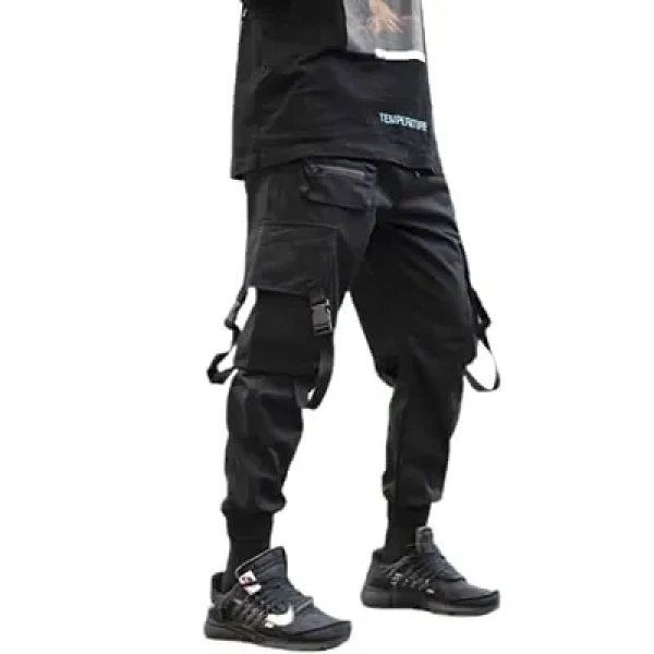 GR-ABCUSTOMS Snazzy Black Men's Streetwear Pants with Pockets and Buckles [Low Budget Product]