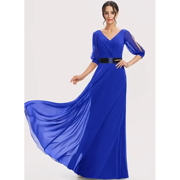 GR-Women's Blue Fit and Flare Maxi Dress with Fashion Metal Belt [Premium Product]