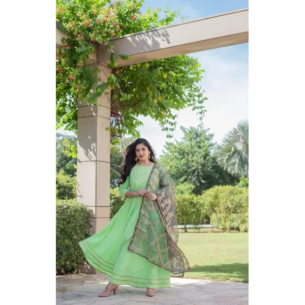 GR-Elegant Green Slub Cotton Kurta Set with Dupatt...