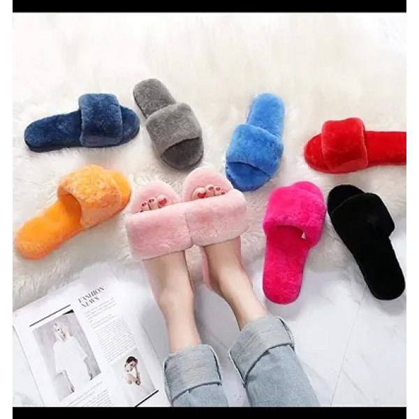 GR-Women's Stylish Comfy Solid Pink Fur Open-Toe Slides [Low Budget Product]