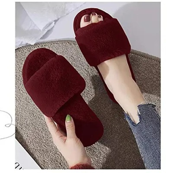 GR-Women's Stylish Comfy Solid Maroon Fur Open-Toe...