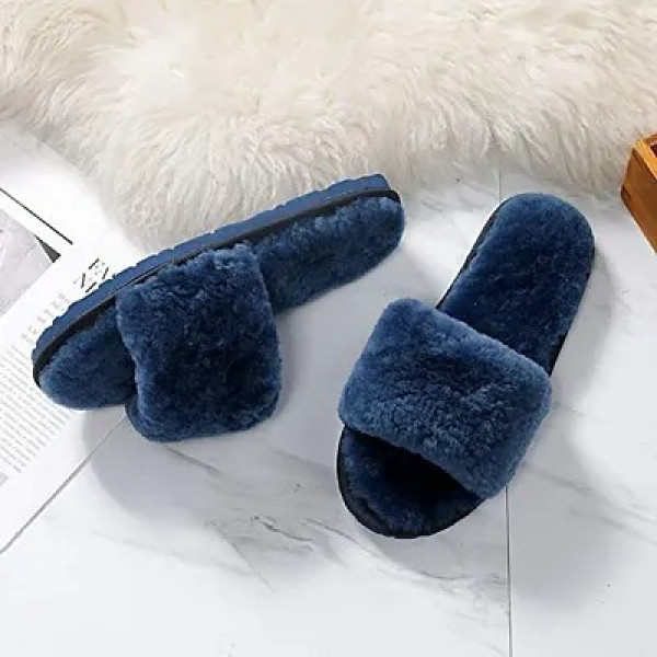 GR-Women's Stylish Comfy Solid Blue Fur Open-Toe Slides [Low Budget Product]