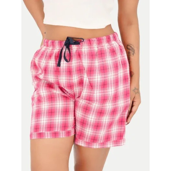 GR-Womens Red Cotton Woven Relaxed fit Checkered Boxer Shorts with Side Pocket [Low Budget Product]