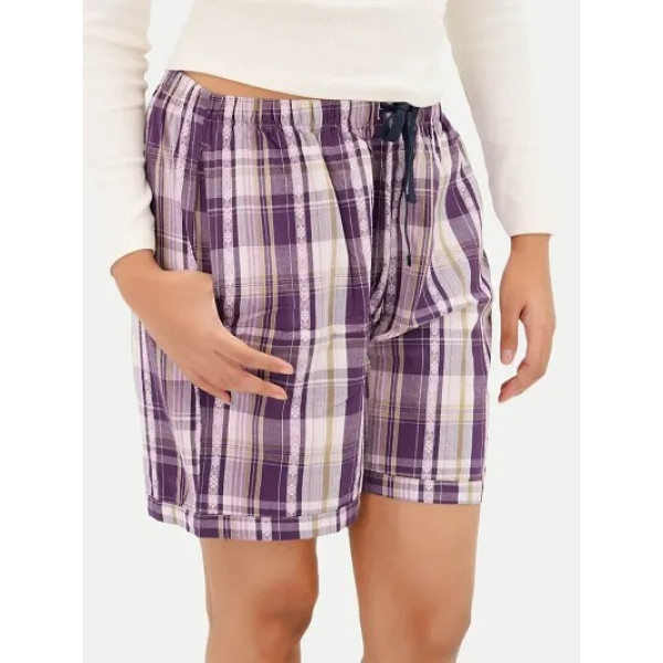 GR-Women's Violet Cotton Woven Relaxed Fit Checkered Boxer Shorts with Side Pocket [Low Budget Product]
